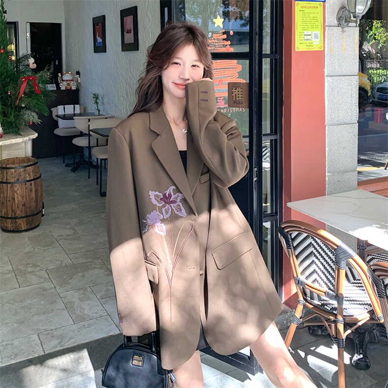 咖色美拉德印花西服上衣女2025春秋新款韩版休闲显瘦气质西装外套,女装西装,2C031