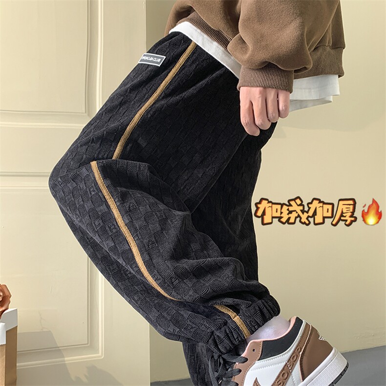 雪尼尔棋盘格加绒束脚运动裤男大码宽松休闲裤子K23730J加绒-P70图片