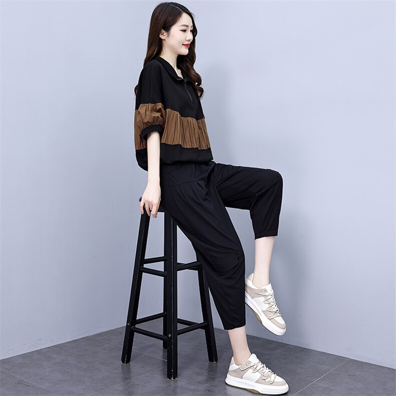 时尚运动套装女2025年夏季新款女装韩版宽松休闲八分阔腿裤两件套,女装套装/套裙,魅影