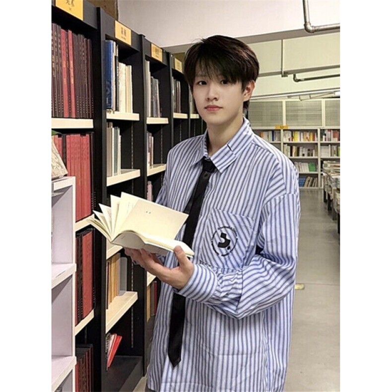 竖条纹领带印花衬衫潮流宽松学院风翻领长袖衬衣外套C2265,男装衬衫,星座1116A（原606A-3）