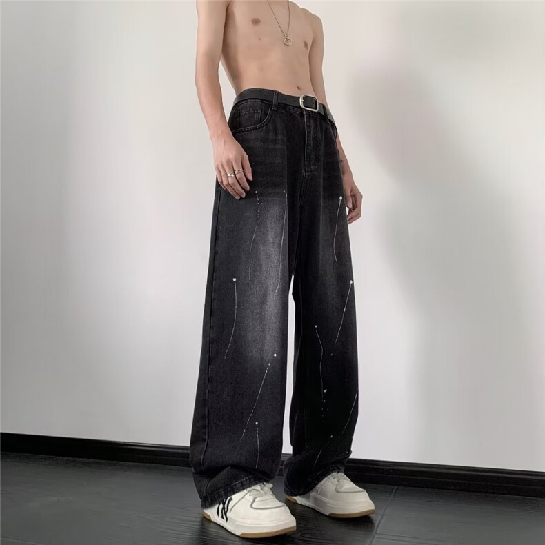 高街牛仔裤男韩版潮涂鸦印花个性2025秋冬ins宽松长裤RK2314X-P45,男装牛仔裤,星座412-2