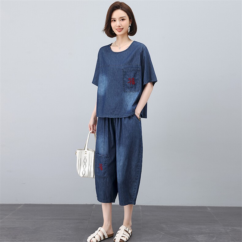 2025年新款夏季刺绣女休闲韩版宽松牛仔套装图片