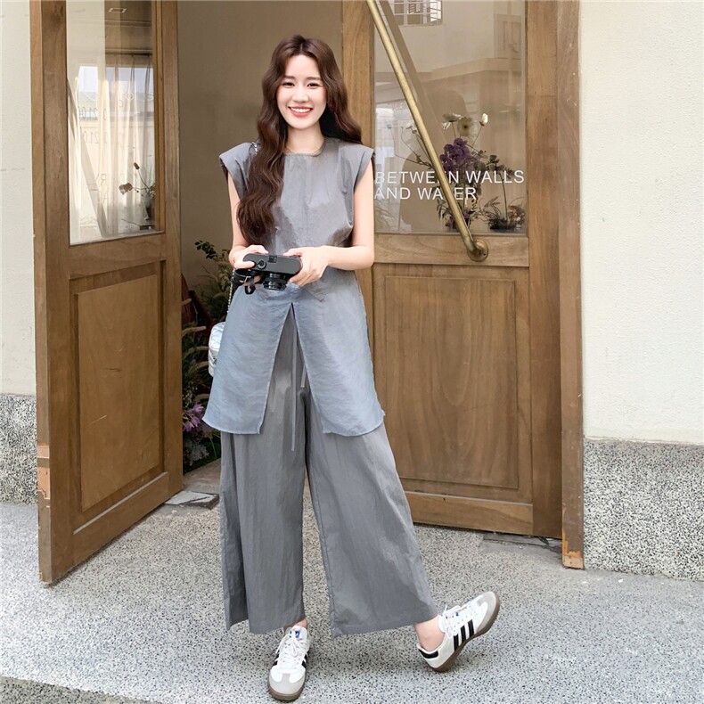 网纱拼接无袖灰色衬衫阔腿裤套装女夏巨好看两件套小众设计感爆款,女装套装/套裙,2C211