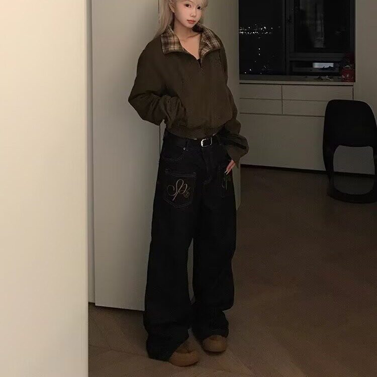 2025秋季美式复古水洗弯刀设计感情侣牛仔裤宽松阔腿男女长裤子,男装牛仔裤,星座506A