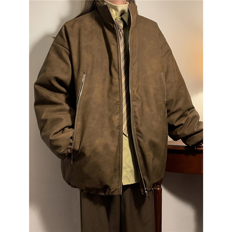 中性PU皮复古做旧双侧金属拉链夹克式加棉棉衣男MY77092P130控198，男装夹克，星座227-7