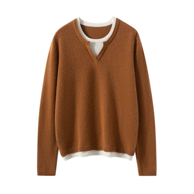 2025年秋季宽松型通勤套头单件长袖时尚百搭假两件，女装羊绒衫，雪山红莲