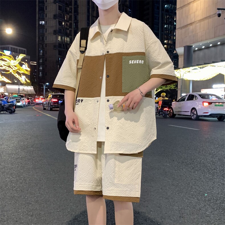 港风夏潮流印花拼接开衫宽松短袖衬衣短裤帅气套装A436-D218-P60,男装休闲套装,电商A436