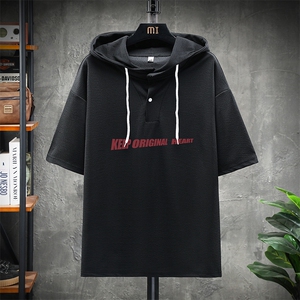 LD54071-P45 连帽短袖t恤男大码胖子带帽五分袖中袖 展架图片