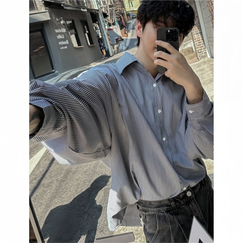 日系条纹休闲衬衫男秋季宽松长袖衬衣韩版潮流翻领上衣XZ710-808,男装衬衫,星座710