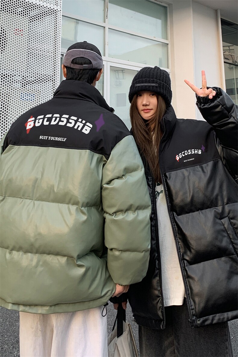 街景时尚字母印花宽松休闲情侣拼色PU皮棉服A247-MY406P115控168,男装棉衣,电商A247