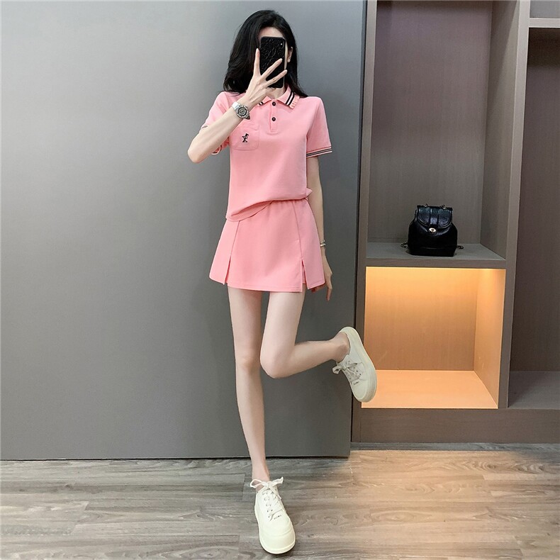 网红时尚套装裙女夏新款修身显瘦刺绣小马短袖上衣裤裙两件套,女装套装/套裙,2C310