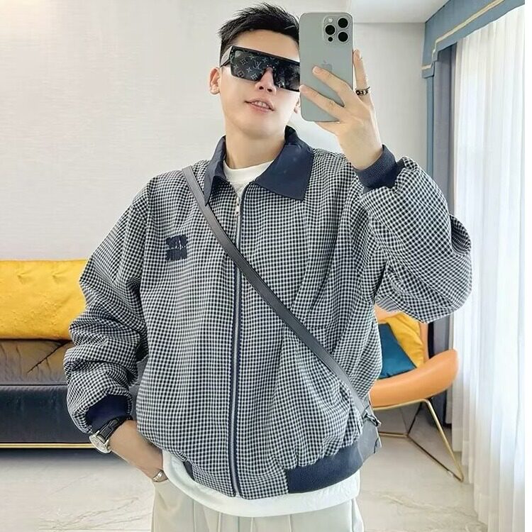 A727-P54复古宽松拼色翻领格子外套男2025秋季款百搭字母，女装短外套，电商B323A