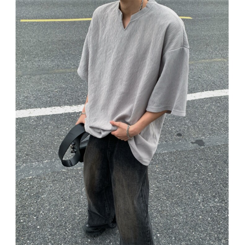 2026夏装V领短袖条纹T恤大码男纹理提花半袖 T8608/特P20 灰色图片