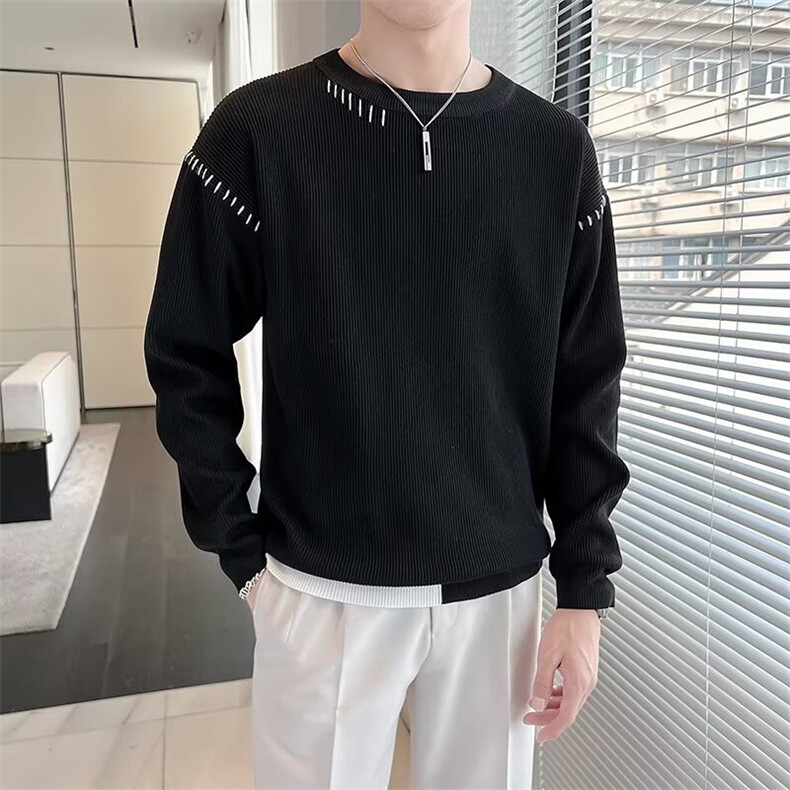 新款小众明线圆领设计感毛衣纯色百搭潮牌休闲针织衫男款S569/P50,男装针织衫/毛衣,星座506