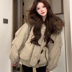 【升级款】牛角扣大毛领连帽棉服外套韩系工装派克服Y917P108网图，男装棉衣，电商B245