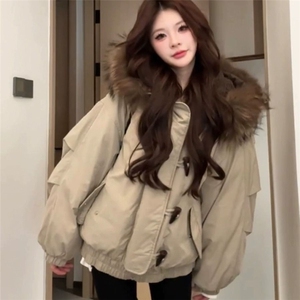 【升级款】牛角扣大毛领连帽棉服外套韩系工装派克服Y917P108网图图片
