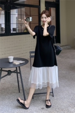 法式气质金丝绒连衣裙女春季2025新款设计感时尚拼接蕾丝黑色长裙，女装连衣裙，浙宝069