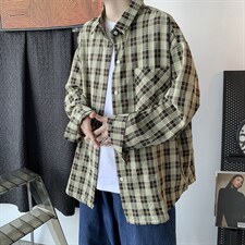 港风21秋装港风日系格子潮流休闲宽松长袖衬衫中性情侣H210/P45，男装衬衫，钱塘713