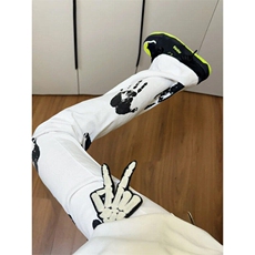 美式高街潮牌痞帅印花白色男女hiphop潮牌炸街微喇长裤L20300-P45，男装休闲裤，星座1008
