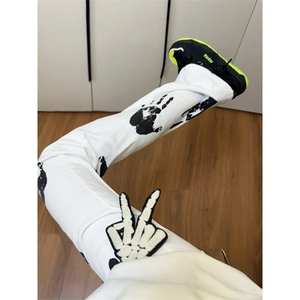 美式高街潮牌痞帅印花白色男女hiphop潮牌炸街微喇长裤L20300-P45图片