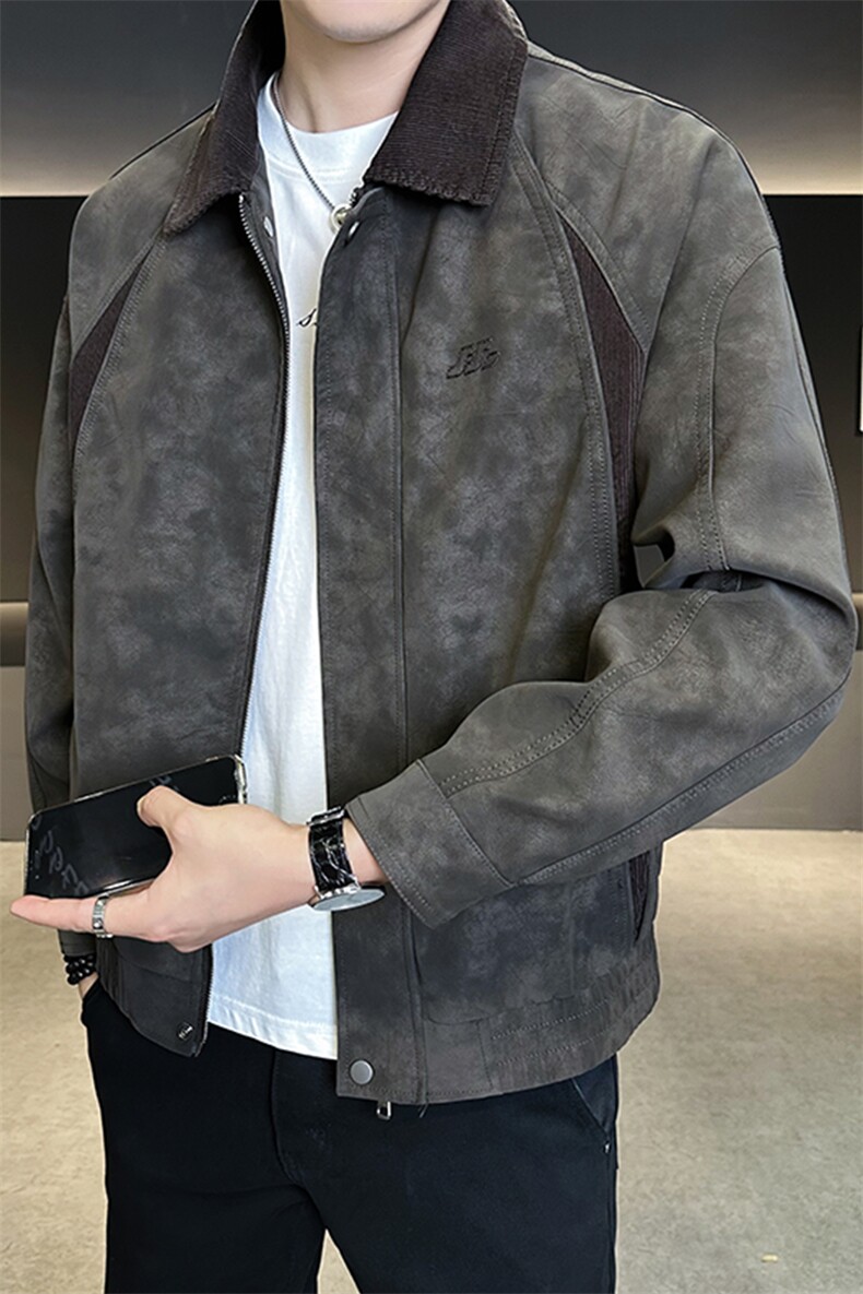 春季2026新款夹克男翻领潮牌拼接男装皮衣外套A313-K275002-P155,男装夹克,电商A313