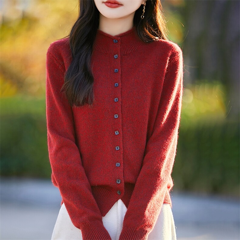 秋冬卷边半高领精纺羊毛开衫女花纱针织毛衣外套宽松休闲百搭上衣，女装针织衫/毛衣，暖烁羊绒