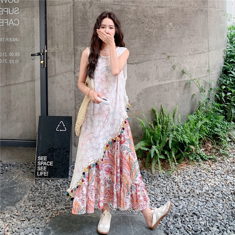 波西米亚风吊带连衣裙套装女夏2025新款不规则流苏刺绣罩衫两件套,女装连衣裙,2C177