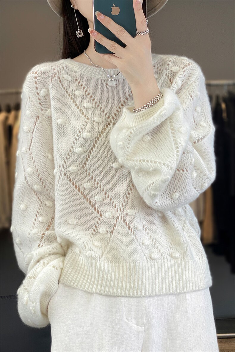 重工钩花100%纯羊毛衫女圆领镂空长袖毛衣宽松慵懒羊绒针织打底衫,女装羊毛衫,琳华羊绒