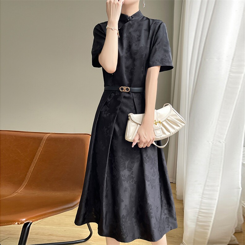 夏季新中式国风改良立领缎面连衣裙女高端气质提花旗袍收腰长裙,女装连衣裙,佳绒高端店