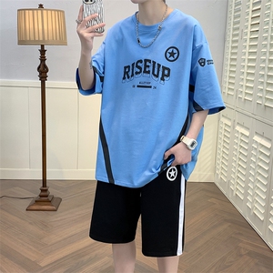 高品质夏季短袖T恤套装青少年纯棉宽松男潮流男装DF321P68控98图片