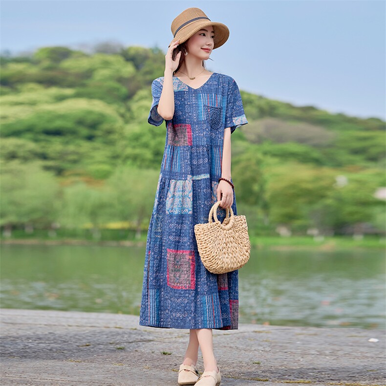 妈妈棉麻碎花连衣裙女2024夏季新款中老年休闲宽松遮肚子印花裙子,女装连衣裙,利佳可人