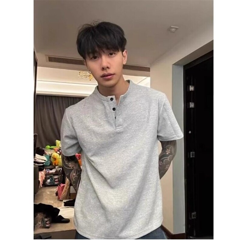 美式亨利领短袖男款夏季修身浅灰色正肩t恤cleanfit华夫格打底衫图片