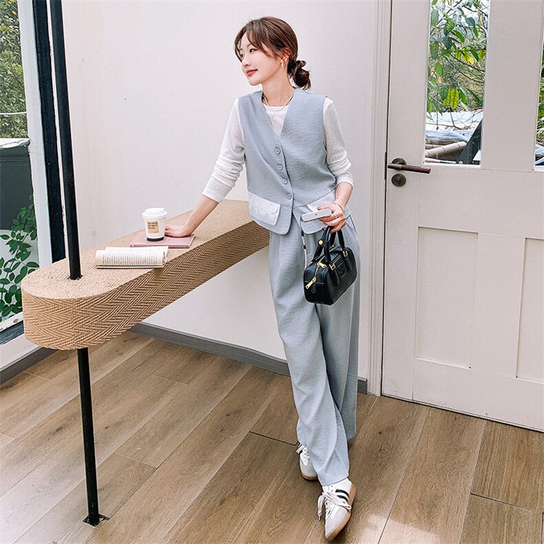 小众设计感蕾丝拼接马甲套装女2025春季韩系休闲百搭阔腿裤三件套,女装套装/套裙,2C129