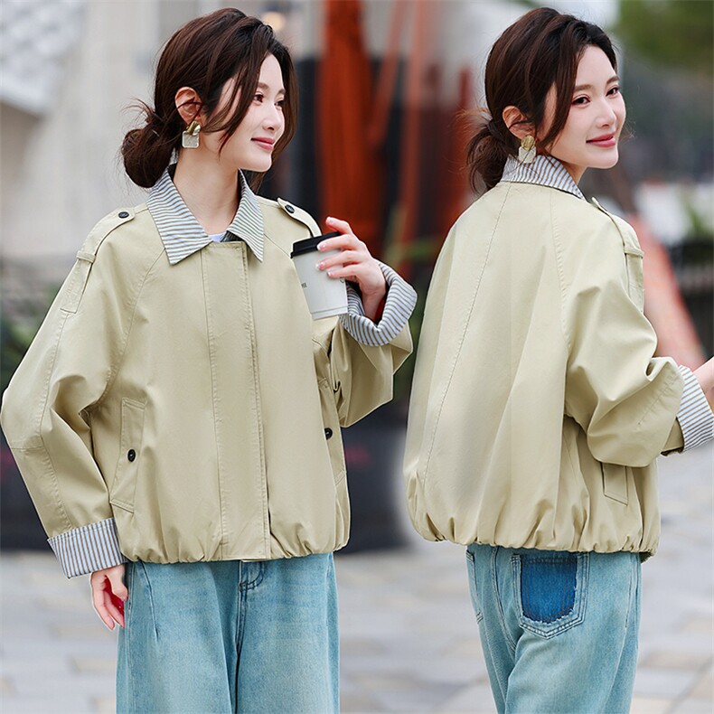 时尚条纹拼接假两件短外套女春季新款设计感减龄夹克风衣上衣,女装短外套,鑫源服饰