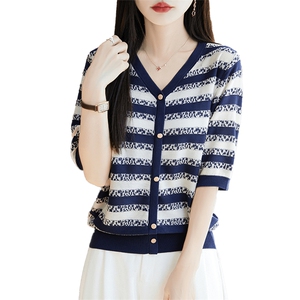 欧货条纹冰丝针织短袖套头T恤女2025夏新款设计感小众毛衣打底t恤图片