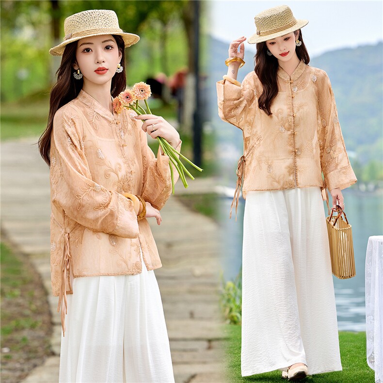 2026年夏季新中式重工刺绣衬衫防晒女宽松立领阔腿裤两件套，女装套装/套裙，米尚