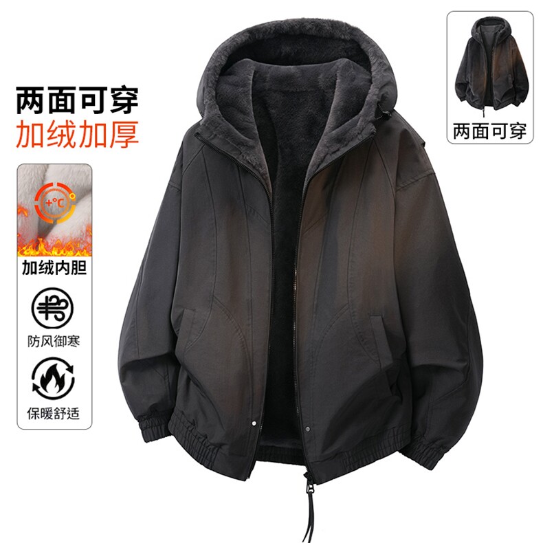 双面穿座山雕加厚连帽双色银狐绒飞行夹克外套 A436-2601-特P120图片