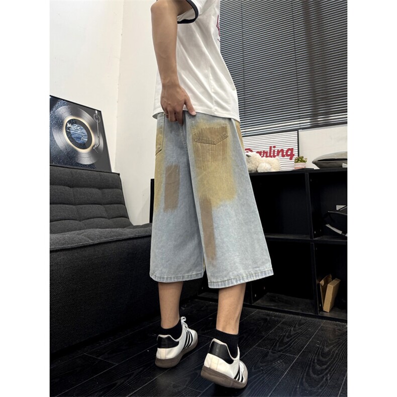 B221美式ins高街宽松直筒喷墨七分牛仔裤短裤LK25530-特P40控68,男装牛仔裤,电商B221