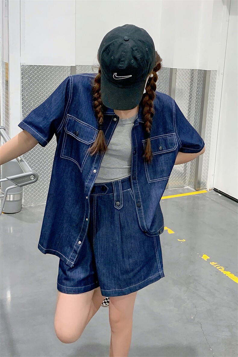 蓝色翻领牛仔短外套女2023春夏季新款韩版小个子炸街洋气时髦上衣,女装套装/套裙,菡迪欧娜