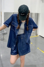 蓝色翻领牛仔短外套女2023春夏季新款韩版小个子炸街洋气时髦上衣，女装套装/套裙，菡迪欧娜