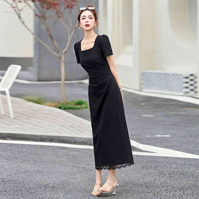 黑色气质方领连衣裙女夏2025新款褶皱收腰修身女人味蕾丝拼接长裙,女装连衣裙,蓝朵琳