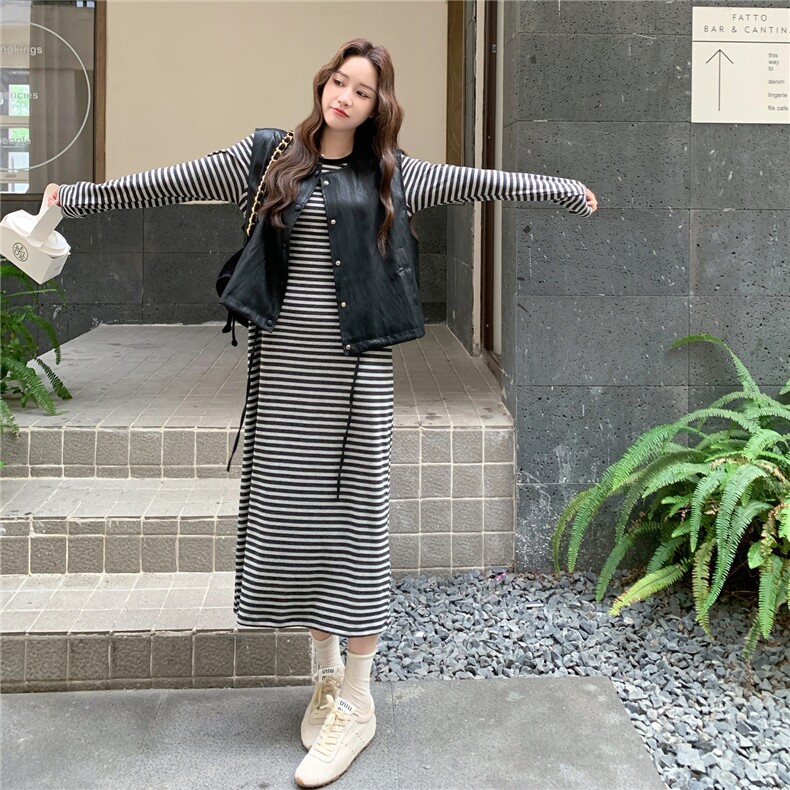 韩版学院风减龄条纹连衣裙套装女2025年春秋季新款皮衣马甲两件套,女装连衣裙,2C166