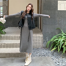 韩版学院风减龄条纹连衣裙套装女2025年春秋季新款皮衣马甲两件套，女装连衣裙，2C166