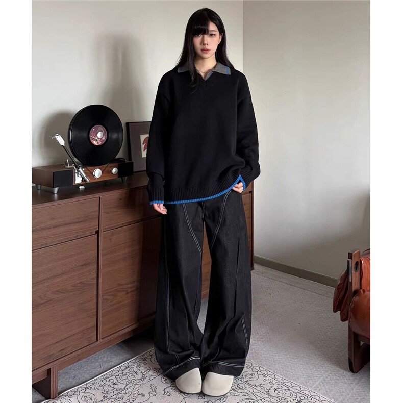 M39-P60美式复古撞色Polo翻领毛衣男女2025春秋冬宽松休闲,男装针织衫/毛衣,电商B323A
