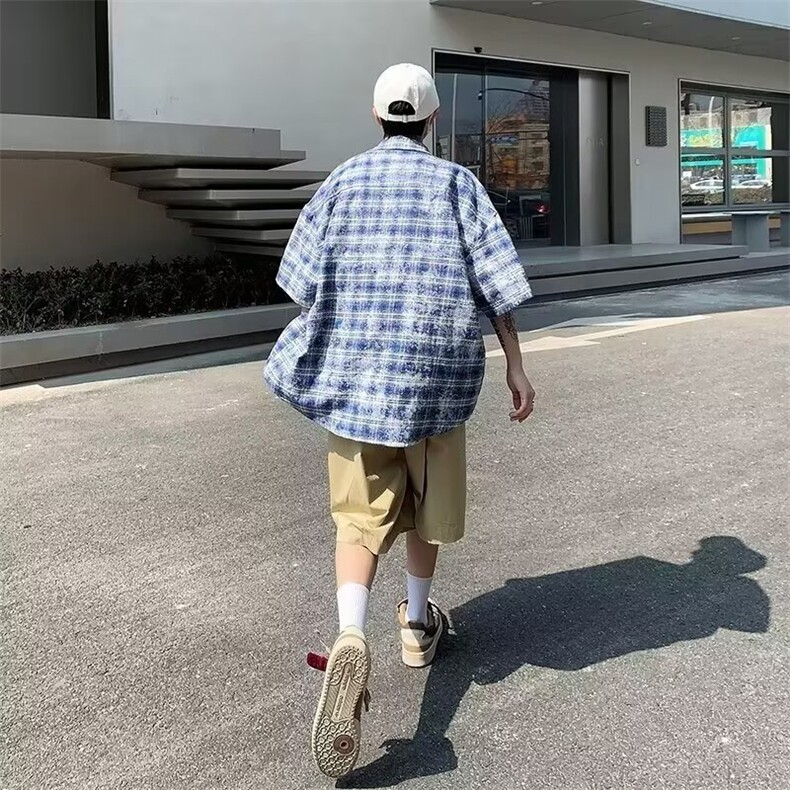格子短袖衬衫男夏季日系复古休闲HS37P38,男装衬衫,星座1116-2