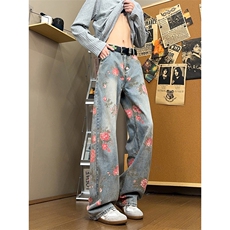 B221美式ins高街小众桃花宽松直筒牛仔裤LK24385-特P52控88，男装牛仔裤，电商B221