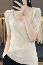 精纺薄款羊毛衫紧身U领坑条短袖t恤半袖女春夏新款针织打底衫上衣，女装T恤，越洋羊
