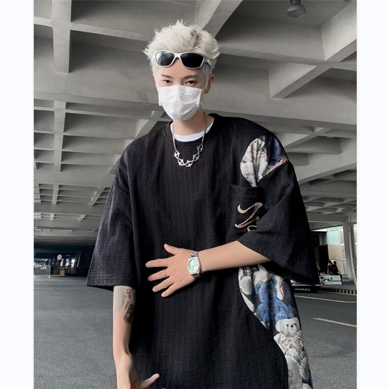T恤男士短袖韩版潮流提花拼色2024夏季新款ins宽松体恤ST421-P32,男装T恤,星座412-3