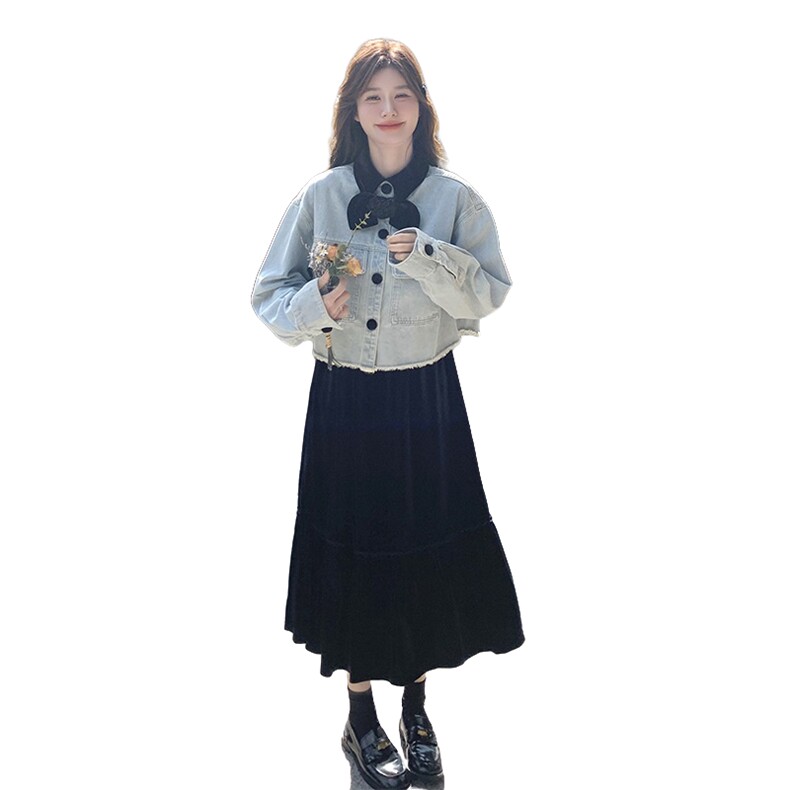 丝绒拼接蝴蝶结翻领牛仔外套女2025春秋季新款小个子显瘦别致上衣,女装连衣裙,2C198