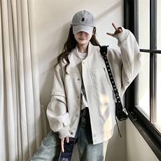 韩系宽松独特高级设计米灰色棒球服女春秋超火巨好看休闲夹克外套，女装短外套，2C201